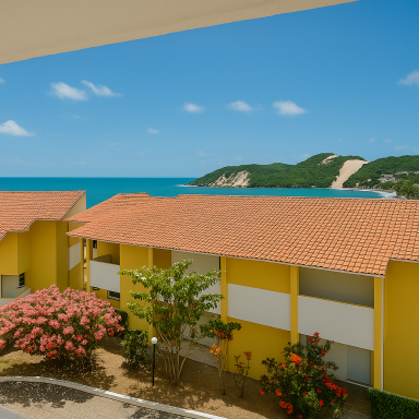 Vista costera con edificios amarillos y vegetación, frente a un mar azul y montañas.